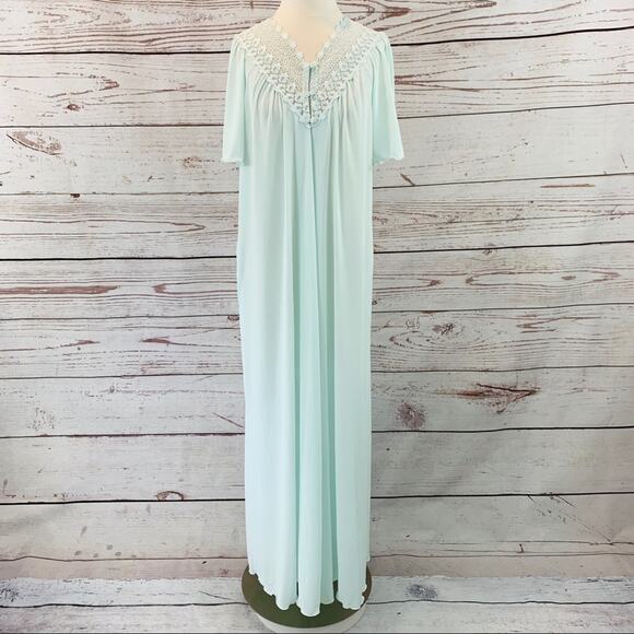Shadowline vintage nightgown mint green lace 80s - Picture 1 of 13